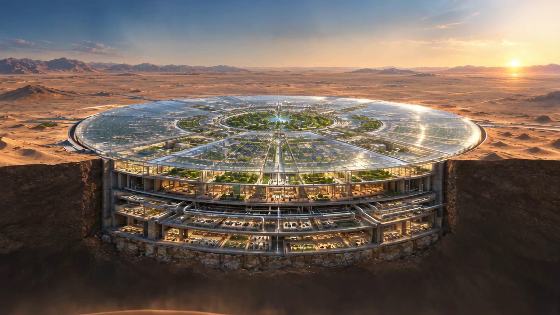 Conceptual design of Madinat Al-Sallam beneath a transparent dome at sunset